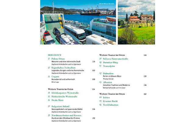 Magazinseite mit zwei Fotos oben: links Fähre mit geparkten Autos und Bussen, Hafen und Meer im Hintergrund; rechts ländliche Häuser und Weinberg. Darunter zwei Textspalten mit deutschen Titeln und Seitenzahlen