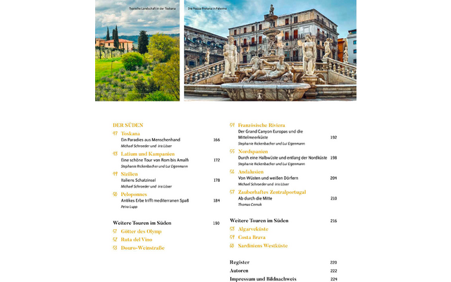 Zweiseitige Buchseite: links oben Foto von grünen Feldern, Zypressen und Häusern; rechts oben Foto eines steinernen Brunnens mit mehreren Statuen vor einem mehrstöckigen Gebäude; darunter Spalten mit schwarzem und orangefarbenem Text zu Abschnittstit