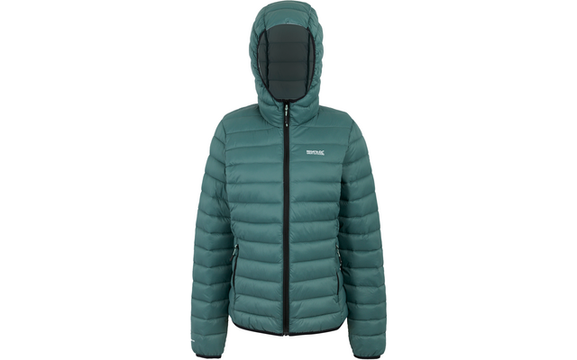 Grüne Steppjacke mit Kapuze und Reißverschluss, vorn mit Logo