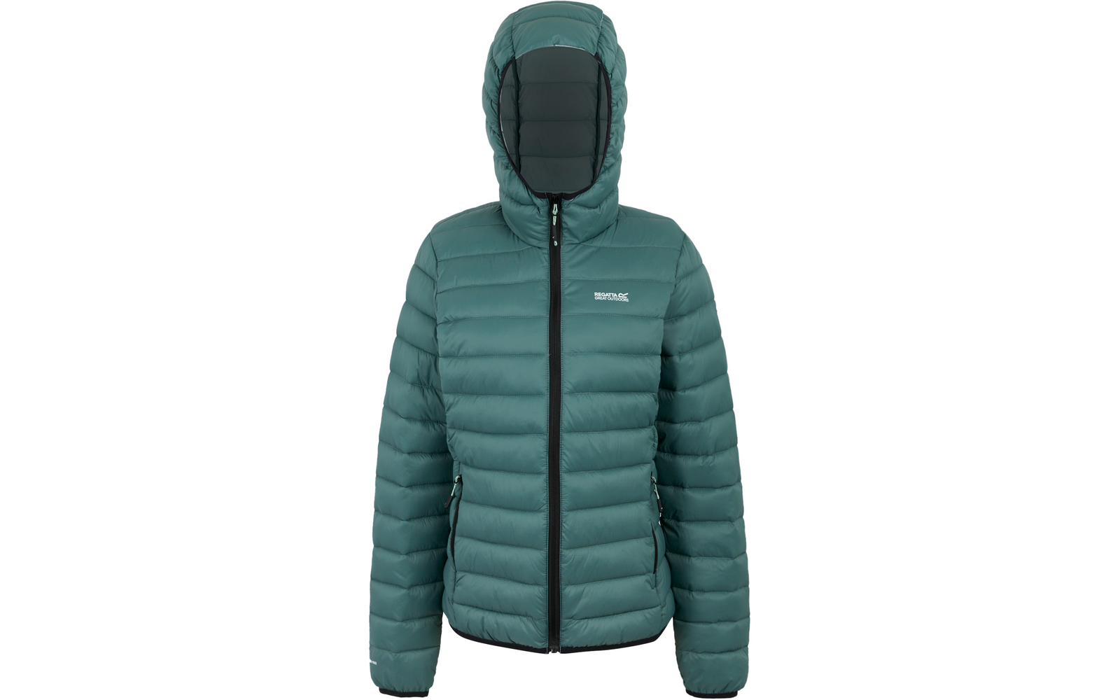 Grüne Steppjacke mit Kapuze und Reißverschluss, vorn mit Logo