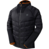 Schwarze Steppjacke mit Kapuze und orangefarbenen Details