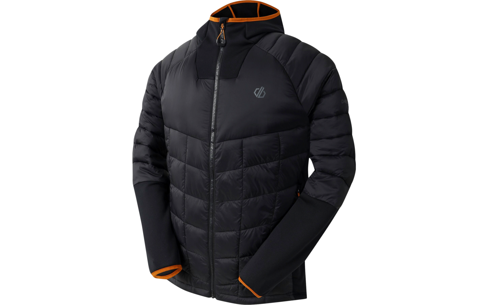 Schwarze Steppjacke mit Kapuze und orangefarbenen Details
