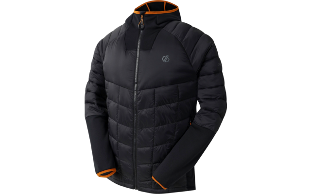 Schwarze Steppjacke mit Kapuze und orangefarbenen Details