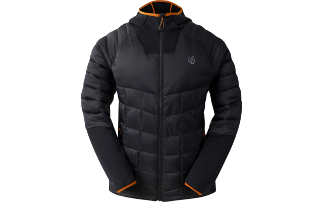 Schwarze Steppjacke mit Kapuze und orangen Details
