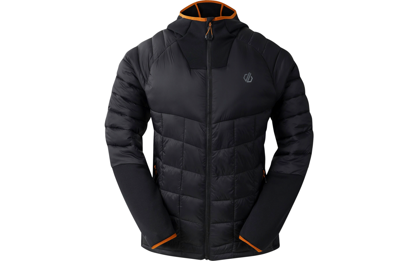 Schwarze Steppjacke mit Kapuze und orangen Details