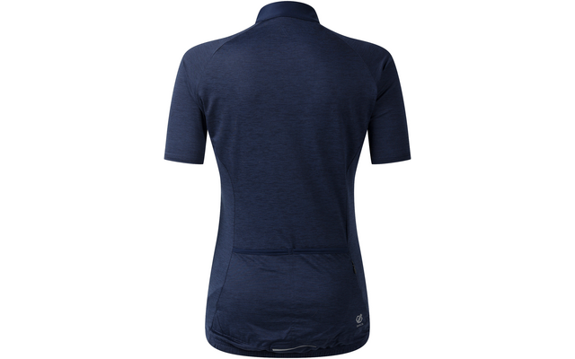 Rückenansicht eines dunkelblauen kurzärmligen Radtrikots mit Stehkragen und drei Rückentaschen