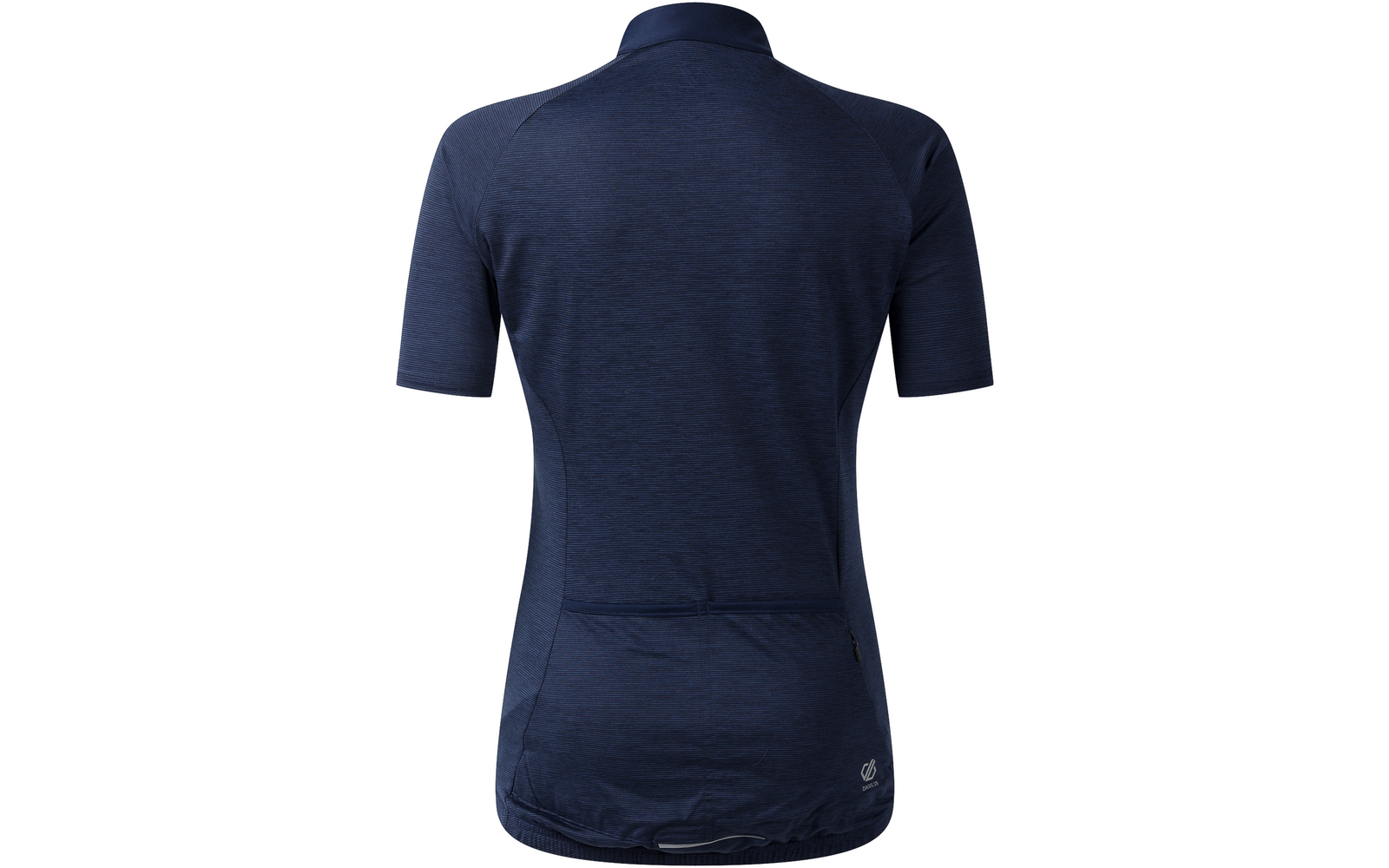 Rückenansicht eines dunkelblauen kurzärmligen Radtrikots mit Stehkragen und drei Rückentaschen