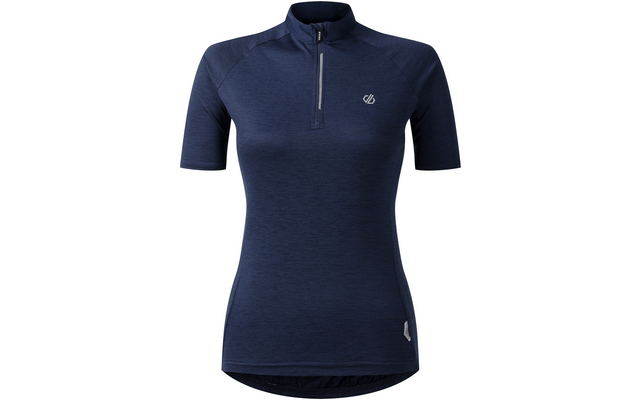 Dunkelblaues kurzärmeliges Trikot mit kurzem Reißverschluss, Stehkragen, kleinem weißen Brustlogo und abgerundetem Saum
