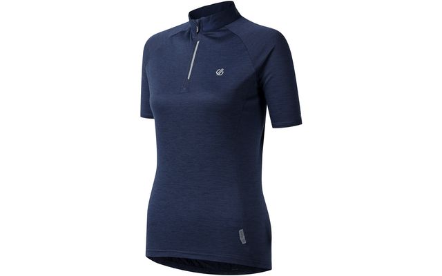 Dunkelblaues kurzärmeliges Oberteil mit Stehkragen und kurzem Reißverschluss vorn; kleines weißes Logo links auf der Brust; kleines Etikett am unteren Saum