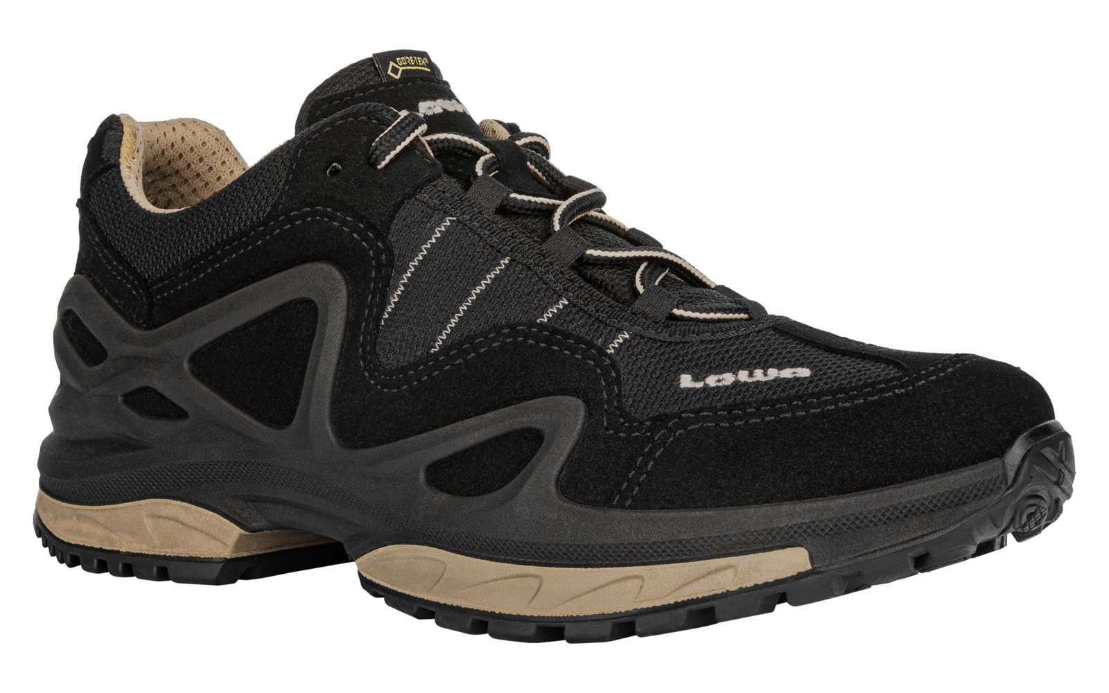 Ein einzelner schwarzer Schnürschuh mit beigen Details, seitliche Ansicht, Schnürsenkel und profilierte Gummisohle