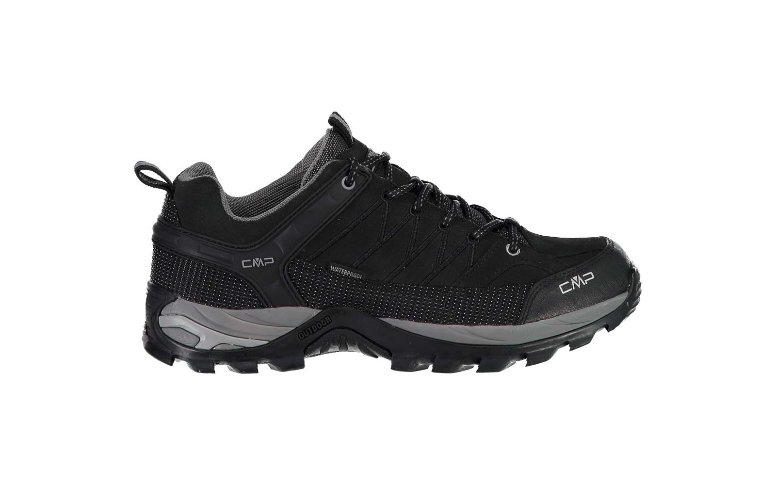 Scarpa da trekking bassa nera con lacci, suola grigia scolpita e logo 'CMP' visibile sul fianco