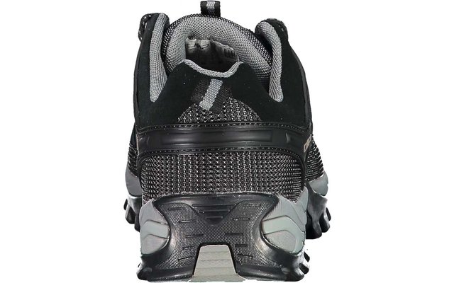 Vista posteriore di una scarpa nera e grigia in mesh, collo imbottito, linguetta sul tallone e suola scolpita