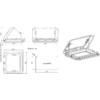 Technical drawing of a rectangular frame with a hinged lid, showing top, side, section and isometric views with dimension lines in mm
