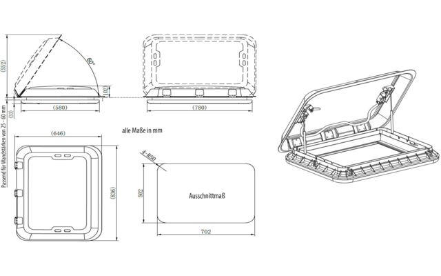 Technical drawing of a rectangular frame with a hinged lid, showing top, side, section and isometric views with dimension lines in mm