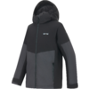 Dunkelgrau-schwarze Jacke mit Kapuze, durchgehendem Reißverschluss, zwei seitlichen Reißverschlusstaschen, Logo auf der Brust, lange Ärmel