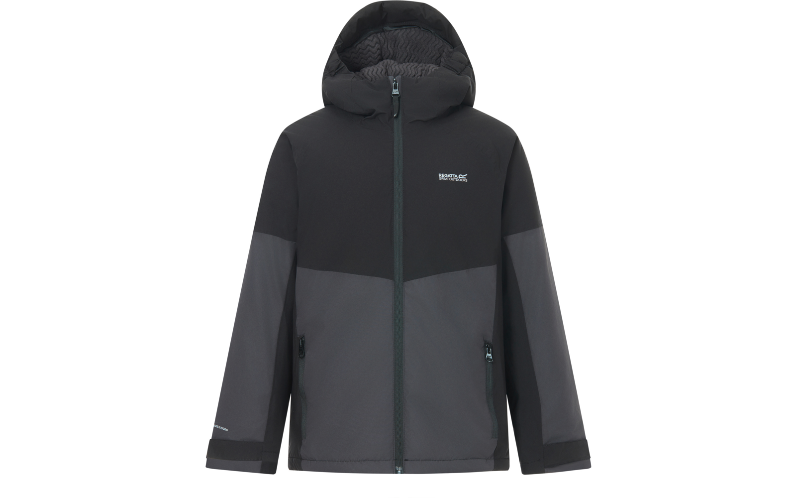 Dunkelgrau-schwarze Kapuzenjacke mit durchgehendem Reißverschluss, zwei seitlichen Reißverschlusstaschen und kleinem weißen Logo auf der Brust