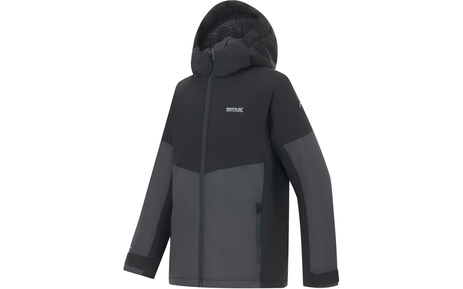 Dunkelgrau-schwarze Jacke mit Kapuze, durchgehendem Reißverschluss, zwei seitlichen Reißverschlusstaschen, Logo auf der Brust, lange Ärmel