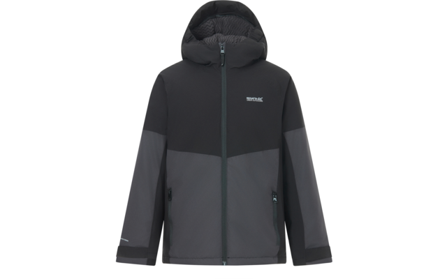 Dunkelgrau-schwarze Kapuzenjacke mit durchgehendem Reißverschluss, zwei seitlichen Reißverschlusstaschen und kleinem weißen Logo auf der Brust
