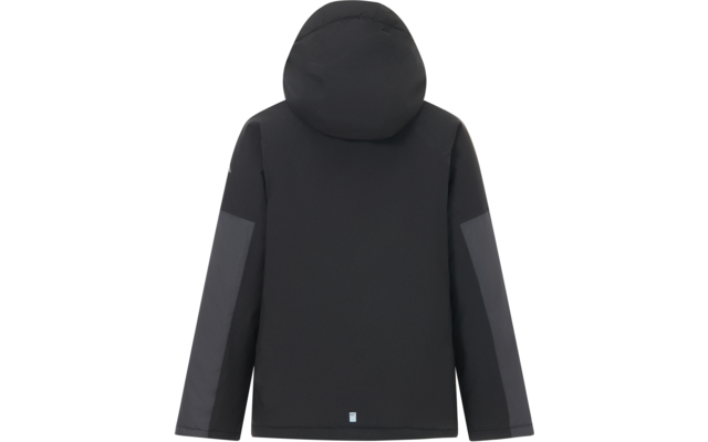 Rückenansicht einer schwarzen Kapuzenjacke mit hellgrauen Einsätzen an den Ärmeln und kleinem quadratischem Logo am unteren Saum