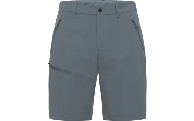 Grijze korte broek, vooraanzicht, riemlussen, knoop en ritssluiting aan de voorkant, ritssluitingszakken bij de heupen, opgestikte zak op de linker dij met een schuine naad