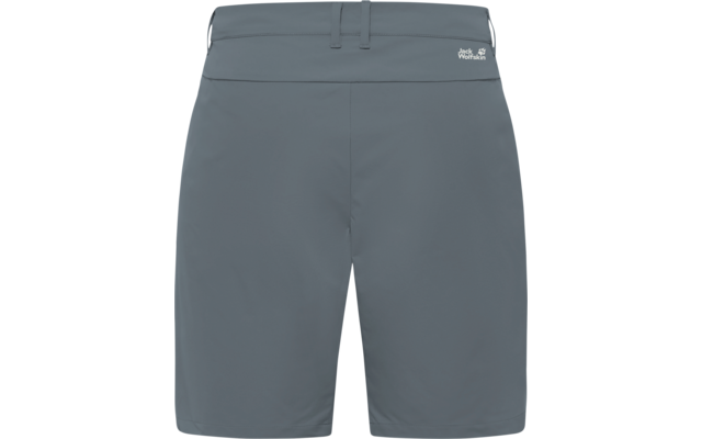 Vooraanzicht van grijsblauwe korte broek met elastische taille, riemlussen en klein logo rechts