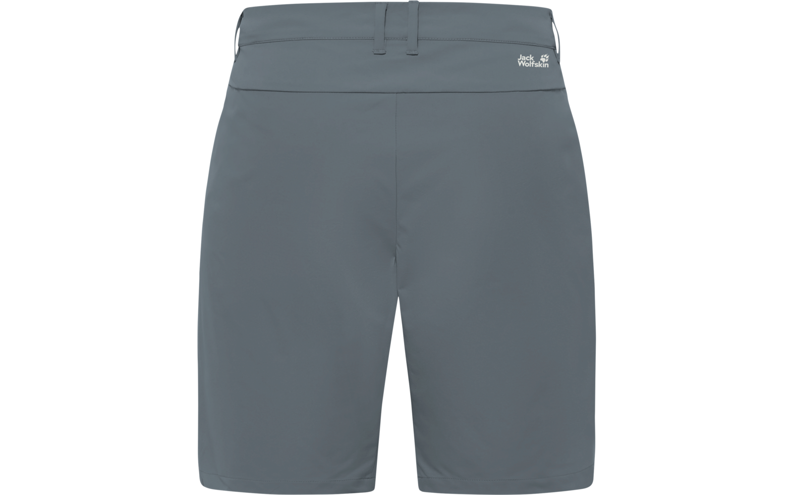 Vooraanzicht van grijsblauwe korte broek met elastische taille, riemlussen en klein logo rechts