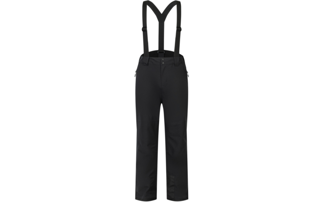 Pantalones negros con tirantes negros, dos bolsillos laterales con cremallera y cierre frontal con botones