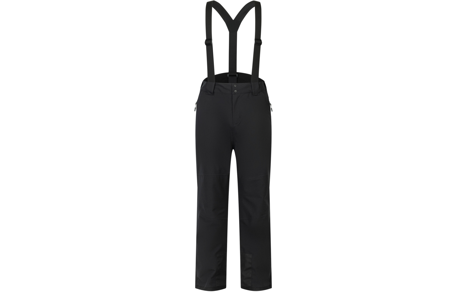 Pantalones negros con tirantes negros, dos bolsillos laterales con cremallera y cierre frontal con botones