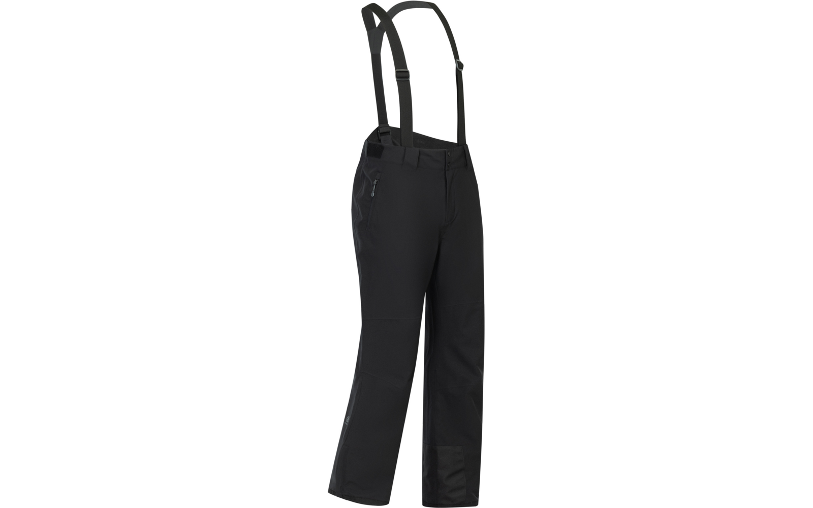 Pantalón largo negro con tirantes ajustables, bolsillo con cremallera en el muslo y refuerzos en la parte inferior de las piernas