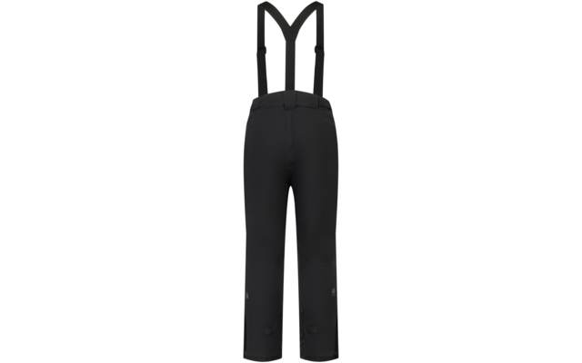 Pantalones negros con tirantes negros ajustables, cintura delantera con cremallera y trabillas, perneras que terminan por debajo de las rodillas, pequeño logo en ambas partes inferiores