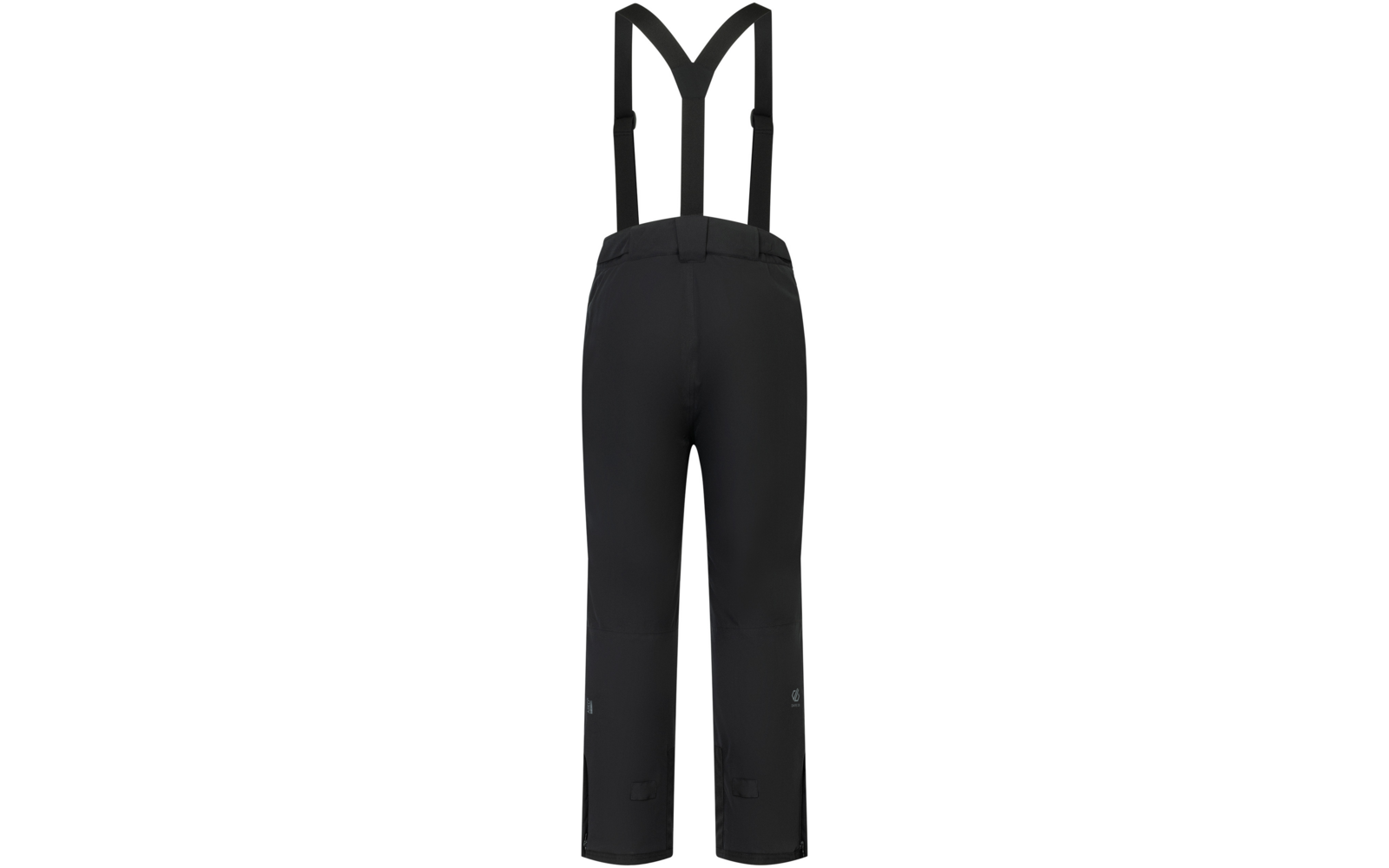 Pantalones negros con tirantes negros ajustables, cintura delantera con cremallera y trabillas, perneras que terminan por debajo de las rodillas, pequeño logo en ambas partes inferiores