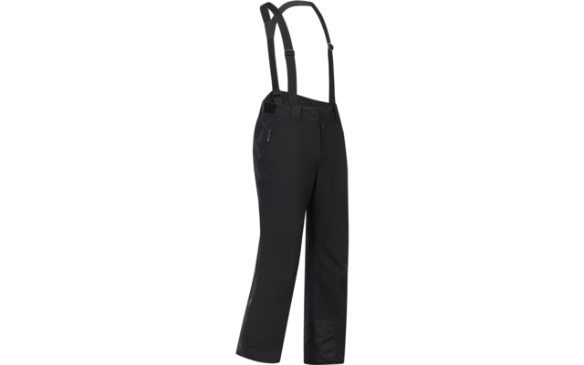 Pantalón largo negro con tirantes ajustables, bolsillo con cremallera en el muslo y refuerzos en la parte inferior de las piernas
