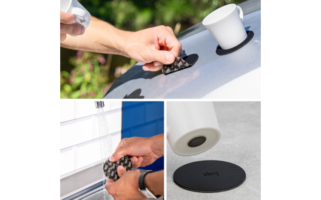 Dreiteiliges Foto: oben Hand platziert schwarzes rundes Pad auf silberner Autokarosserie neben einer weißen Tasse; unten links Hand wäscht schwarzes rundes Pad unter fließendem Wasser; unten rechts Nahaufnahme zweier schwarzer runder Pads auf hellgra