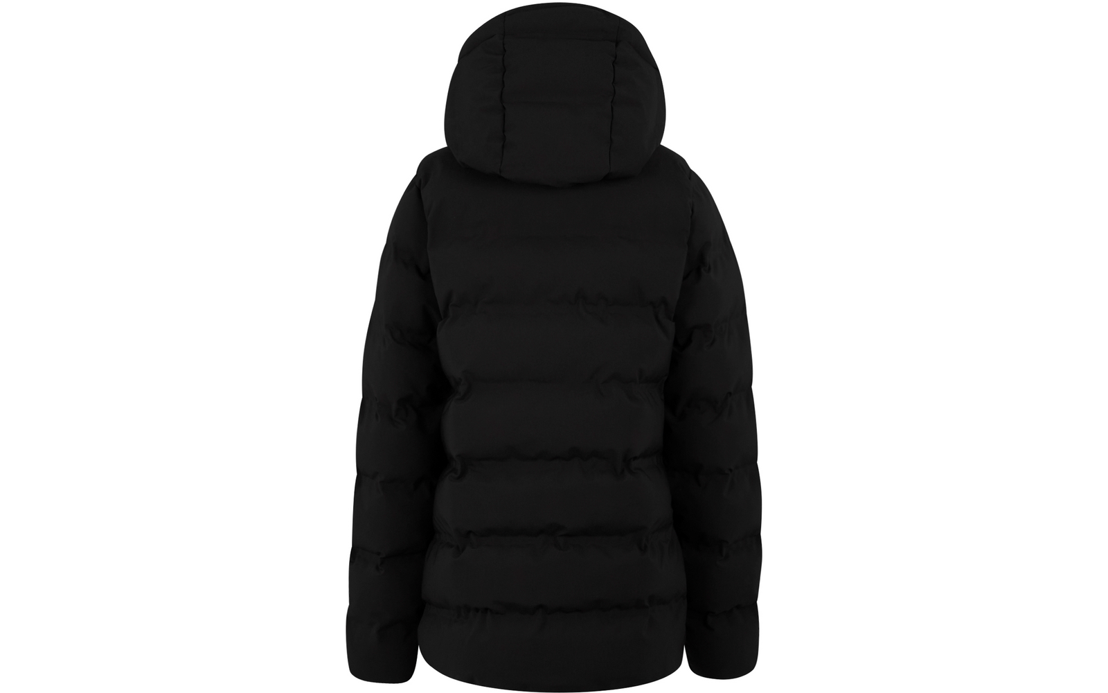 Schwarze, gepolsterte Winterjacke mit Kapuze, Rückansicht