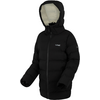 Schwarze Daunenjacke mit Kapuze auf weißem Hintergrund