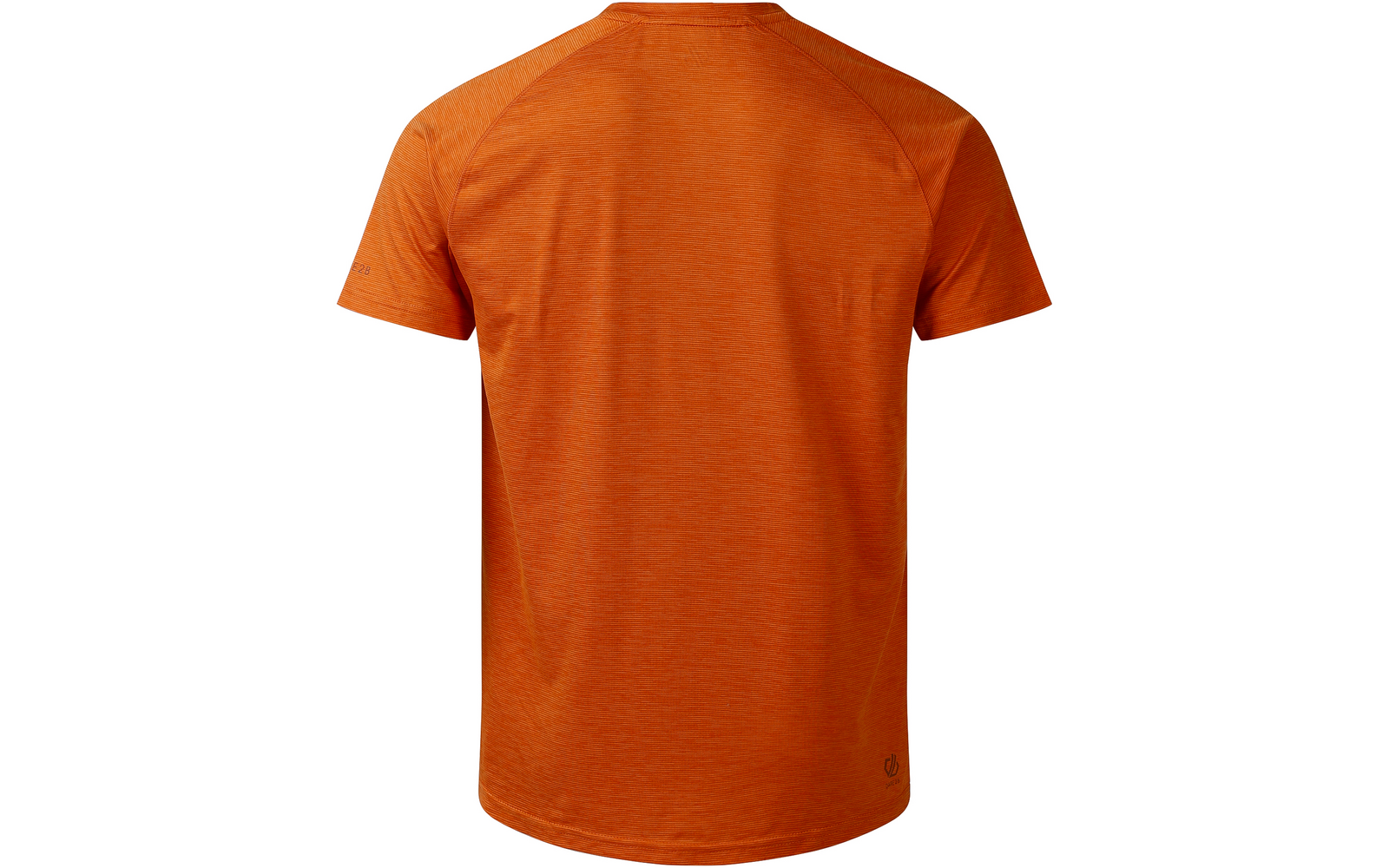 Vue arrière d'un T-shirt orange à manches courtes et encolure ronde, tissu légèrement chiné et petit logo rond sur l'ourlet inférieur droit, fond blanc