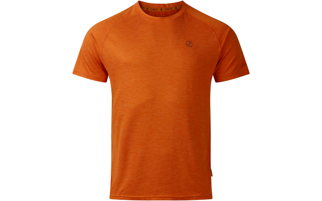T-shirt orange à manches courtes avec encolure ronde et petit logo sur la poitrine sur fond blanc