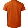 Vue arrière d'un T-shirt orange à manches courtes et encolure ronde, tissu légèrement chiné et petit logo rond sur l'ourlet inférieur droit, fond blanc