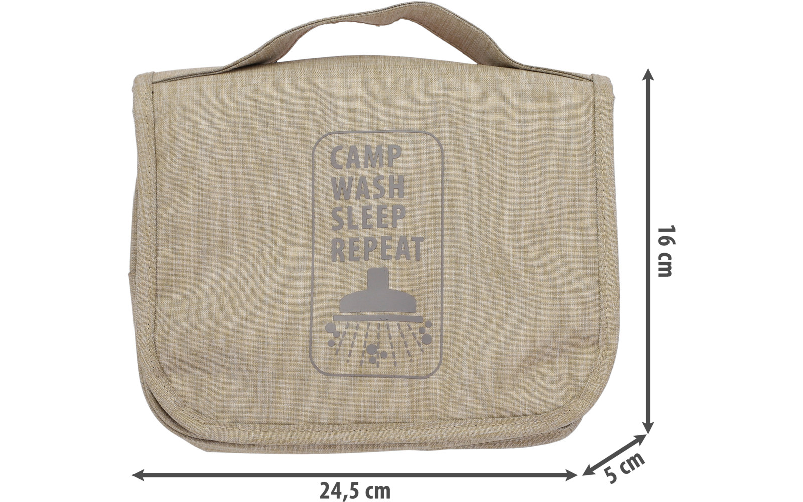 Neceser beige con texto y gráfico de camping, dimensiones 24,5 x 16 x 5 cm