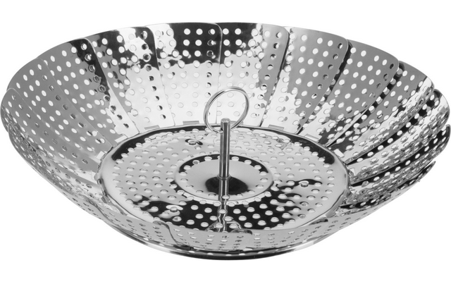 Runder, perforierter Metallkorb mit überlappenden Segmenten und mittigem Griff mit Ring