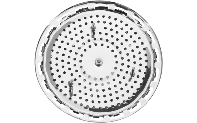 Runde verchromte Duschbrause, von unten sichtbar, mit konzentrischen Reihen kleiner Düsen und drei hervorstehenden Einstellstiften