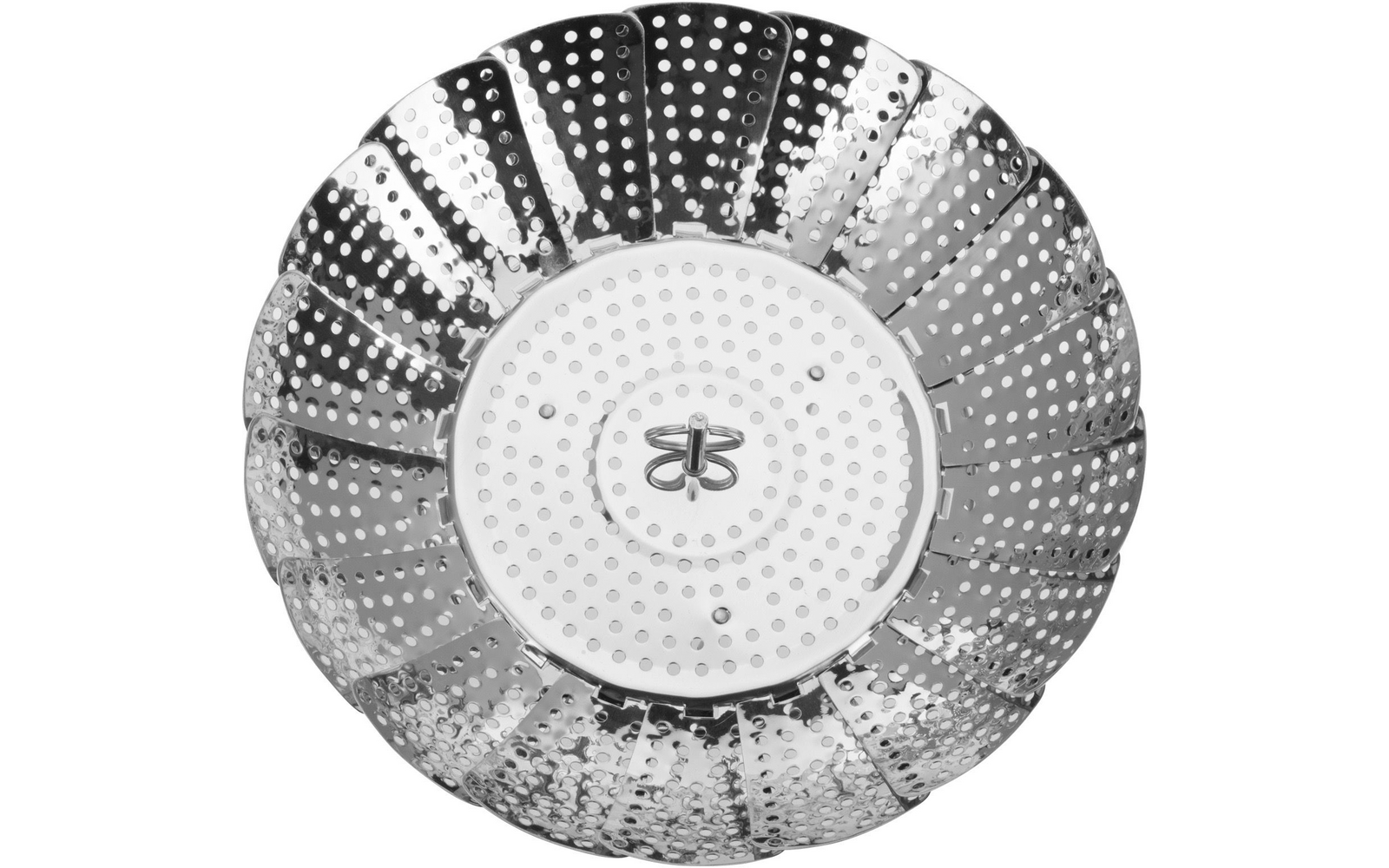 Rundes, faltbares Metallobjekt mit gelochten Segmenten und kleinem Griff in der Mitte