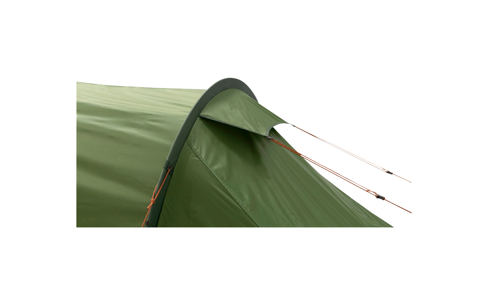 Nahaufnahme eines grünen Zelts mit offenem Lüftungsflap und orangefarbenen Abspannleinen