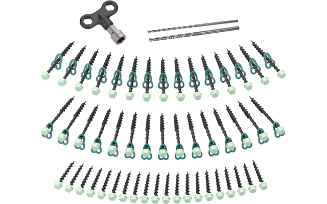 Mehrere Reihen schwarzer Schrauben mit grünen, sechseckigen Köpfen; darüber zwei lange Bohrer und ein Metallschlüssel