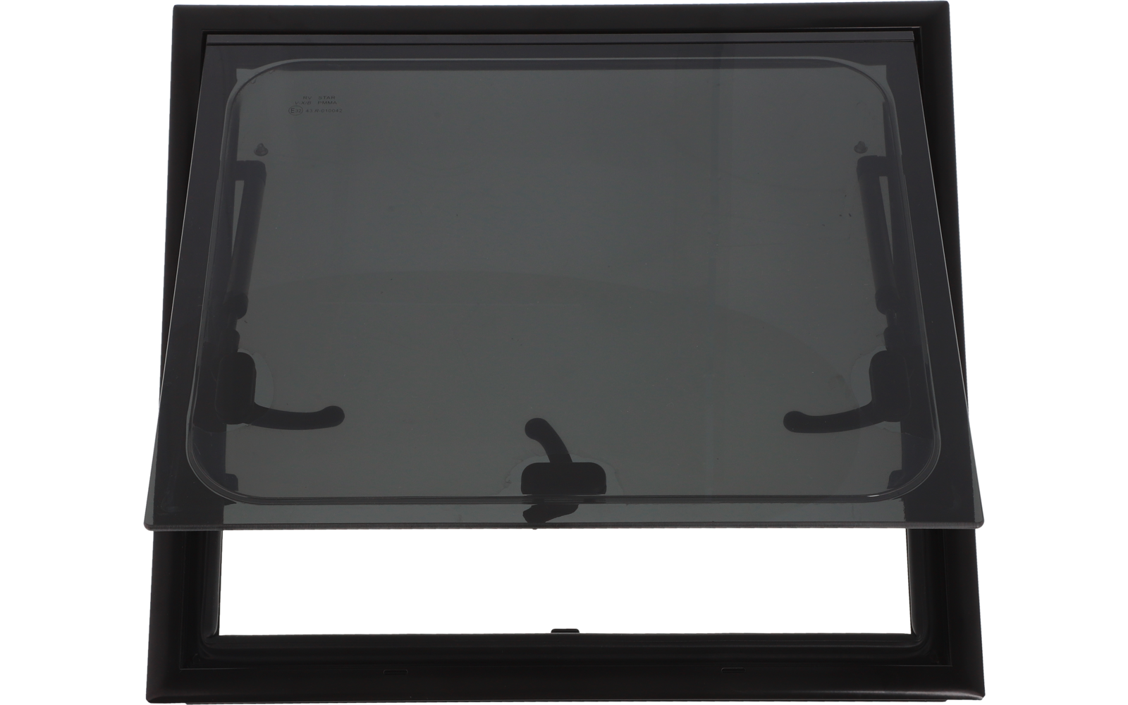 Schwarzer rechteckiger Rahmen mit geöffnetem, leicht getöntem Glas, zwei seitliche Griffe und ein zentraler Griff unten