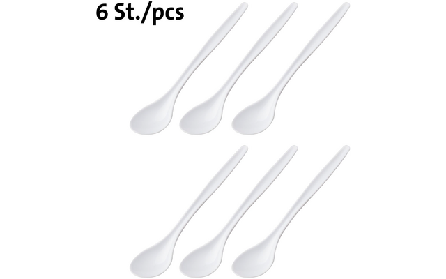 Six cuillères blanches à long manche disposées en deux rangées de trois sur fond blanc ; texte noir « 6 St./pcs » en haut à gauche