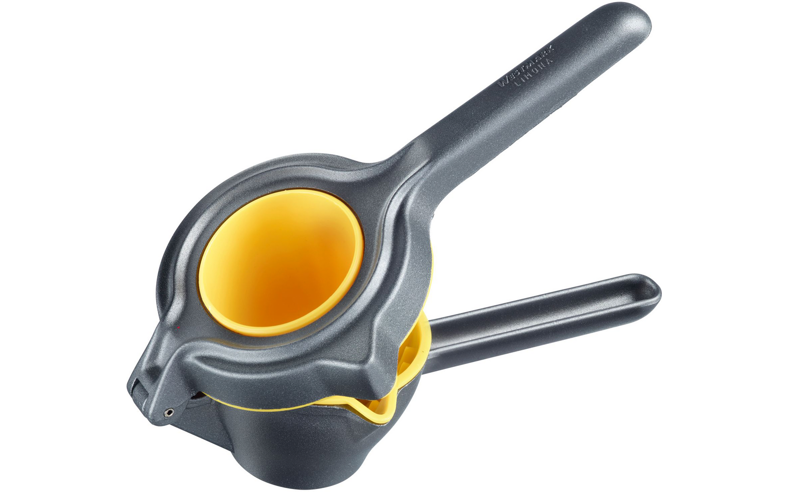 Aparato de mano con dos mangos, exterior gris, piezas interiores redondas amarillas y pequeño pico vertedor
