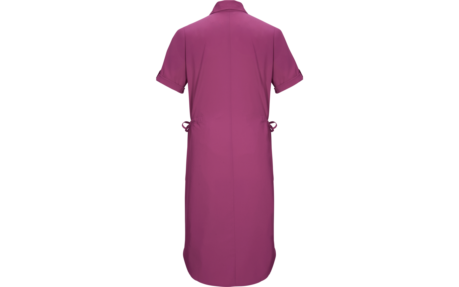 Rückansicht eines wadenlangen, kurzärmligen, einfarbigen magentafarbenen Kleides mit Kragen, mittiger Rückennaht und seitlichen Bindebändern