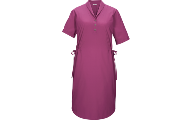 Fuchsiafarbenes knielanges Kleid mit kurzen Ärmeln, V-Ausschnitt, Knopfleiste und seitlichen Bindebändern