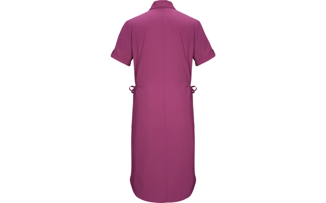 Rückansicht eines wadenlangen, kurzärmligen, einfarbigen magentafarbenen Kleides mit Kragen, mittiger Rückennaht und seitlichen Bindebändern